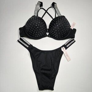 Victoria Secret 34D M Bombshell Push Up Bikini Top Set Glam Shine Strap Black